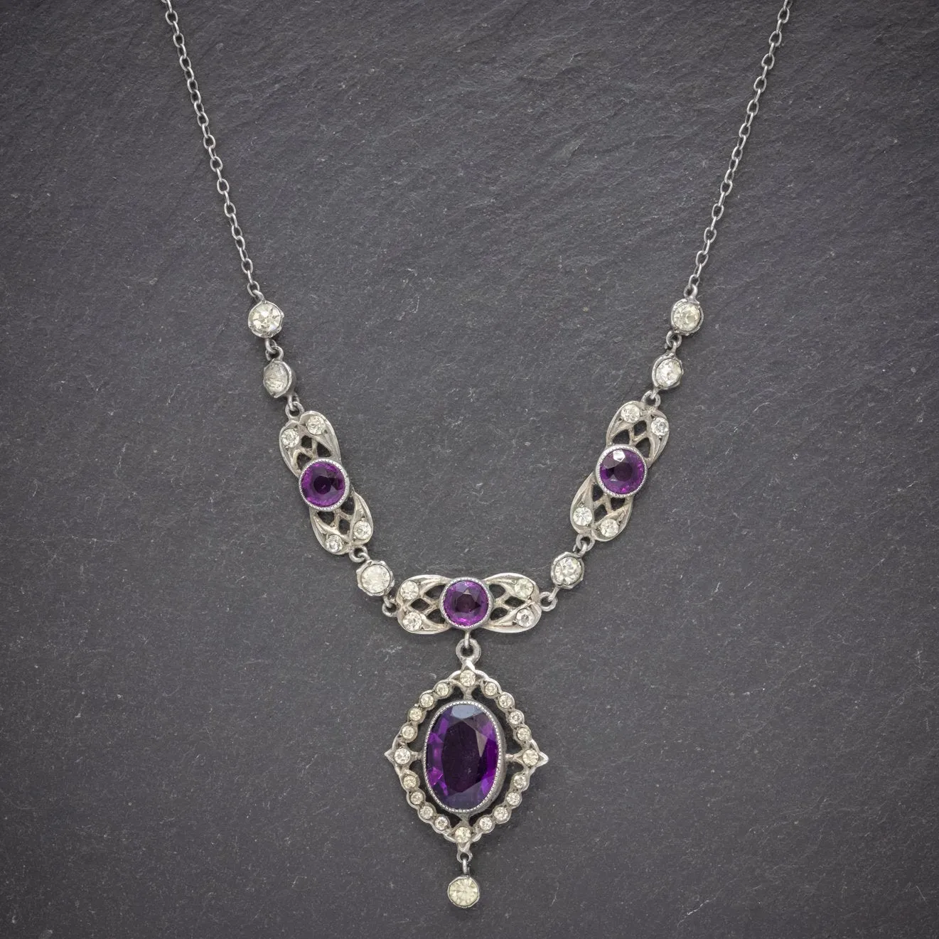 Antique Edwardian Purple Paste Stone Lavaliere Necklace Silver Circa 1910