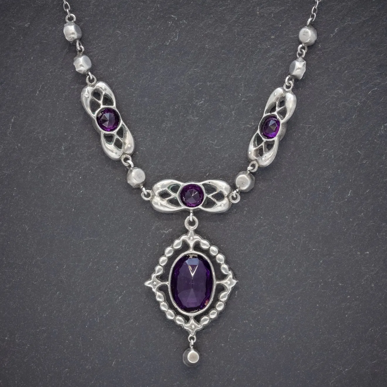 Antique Edwardian Purple Paste Stone Lavaliere Necklace Silver Circa 1910