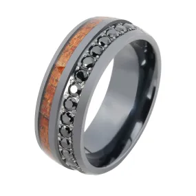 Black Titanium Hawaiian Koa Wood Inlaid with Black CZ Oval Wedding Ring 8mm