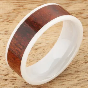 High Tech White Ceramic Natural Koa Wood Flat Wedding Ring 8mm